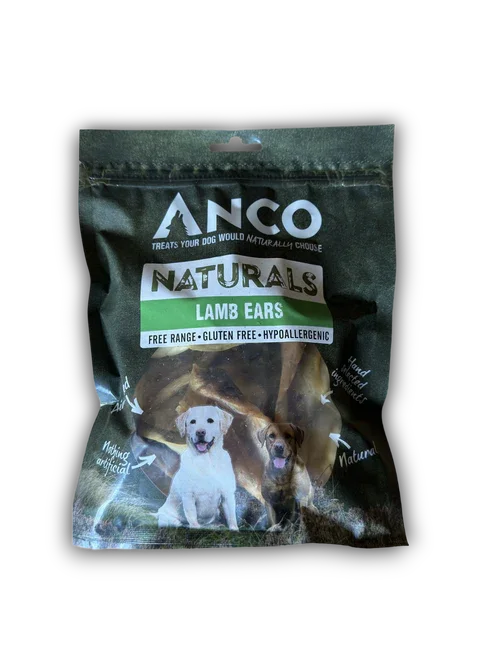 ANCO Naturals lamb ears dog treats, free range, gluten free, hypoallergenic, natural packaging with dog images