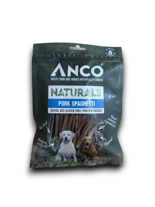 Anco Naturals Pork Spaghetti dog treats pouch featuring dogs, gluten-free, dental aid, protein-packed