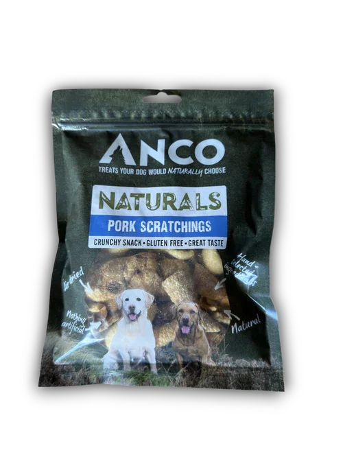 ANCO Naturals pork scratchings dog treats pack with images of two dogs, gluten free, natural, crunchy snack