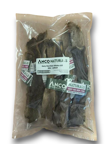 Package of Anco Naturals Hairy Red Deer Stick dog chews, pack of 10, clear plastic bag