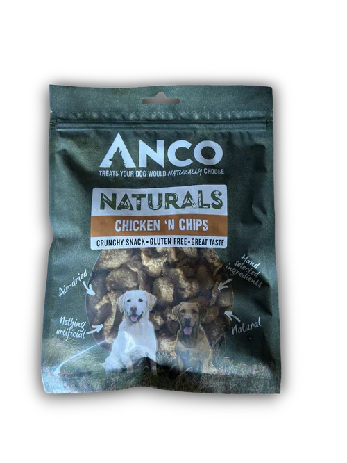 ANCO Naturals Chicken 'N Chips gluten-free crunchy dog treats with images of two dogs on packaging