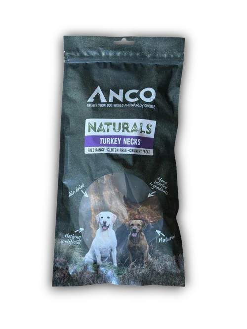 Anco Naturals Turkey Necks dog treats package featuring two dogs, air-dried, gluten-free, free-range, natural dog chews