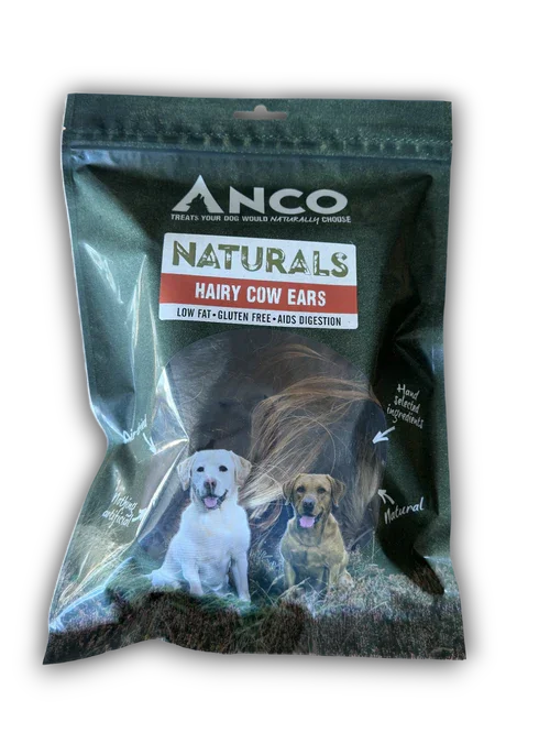 ANCO Naturals Hairy Cow Ears dog treats package with images of two dogs, low fat and gluten free