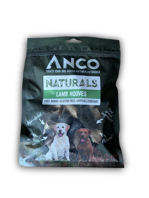 Anco Naturals Lamb Hooves dog treats package, gluten free, hypoallergenic, air-dried with two dogs on front