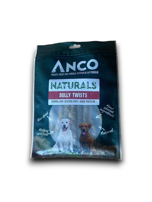 ANCO Naturals Bully Twists dog treats packaging with two dogs, natural, gluten-free, high protein