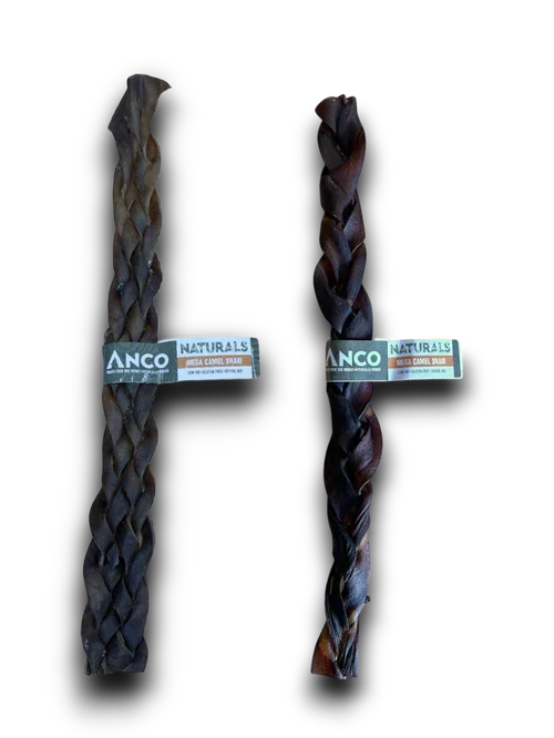 Two braided Anco Naturals Mega Camel Braid dog chews in dark brown and reddish brown colors on black background