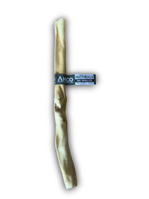 Anco Naturals giant buffalo stick dog chew on a black background