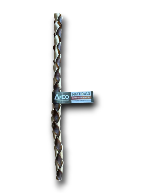 Anco Naturals braided beef and camel rawhide dog chew sticks in brown and beige colors
