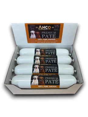 Box of ANCO Premium Pate 100% pure chicken dog food rolls featuring dog images on labels
