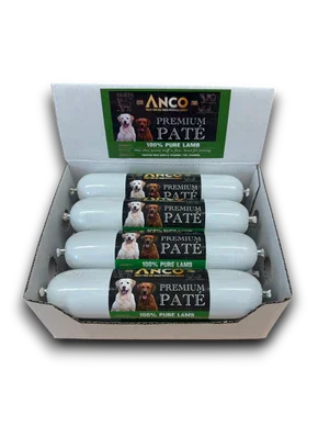 Box of Anco Premium Pate 100% Pure Lamb dog food rolls with dog images on labels
