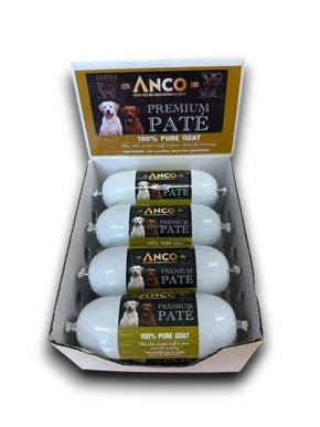 Box of ANCO Premium Pâté 100% Pure Goat dog food, four white sausage-shaped packages with dog images