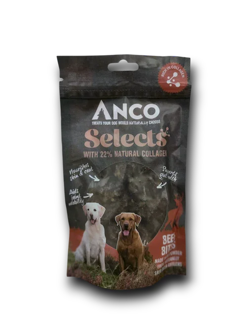 ANCO Selects beef bites dog treats with 22% natural collagen, nourishing skin and coat, aiding joint mobility