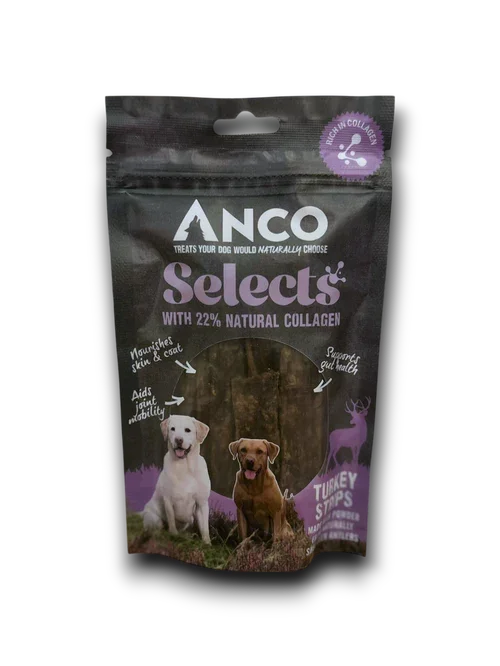 Anco Selects dog treats package with natural collagen, featuring images of two dogs and turkey strips