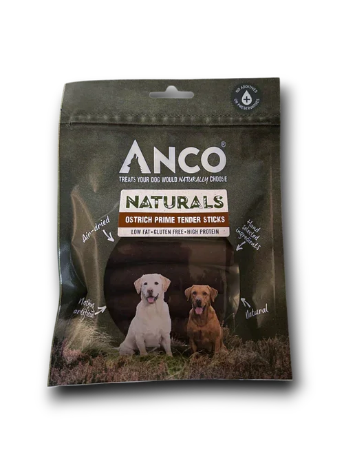 ANCO Naturals Ostrich Prime Tender Sticks dog treats package with images of Labrador retrievers, low fat and gluten free