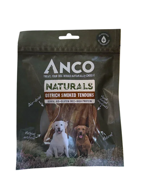 ANCO Naturals Ostrich Smoked Tendons dog treats bag with two happy dogs and natural, gluten-free, high-protein features