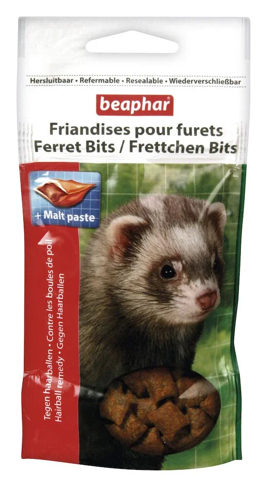 Beaphar Ferret Bits treat package featuring a ferret image and malt paste for hairball remedy