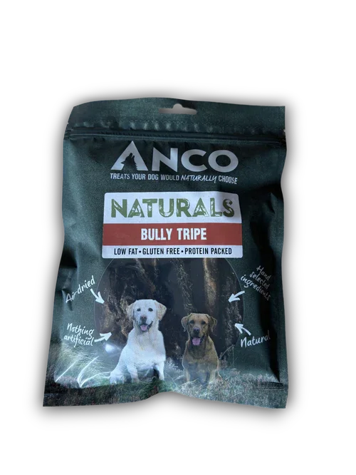 Anco Naturals Bully Tripe dog treats, low fat gluten free protein packed, with images of two dogs on packaging