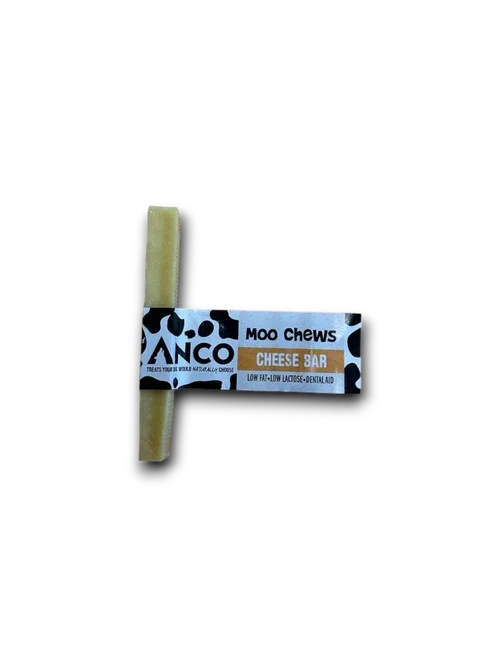 Anco Moo Chews Cheese Bar dog treat with black and white cow pattern label on black background
