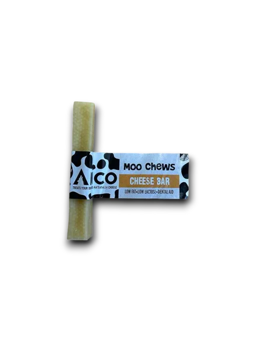 Aico Moo Chews Cheese Bar dog treat, low fat lactose dental aid, wrapped in black and white spotted packaging