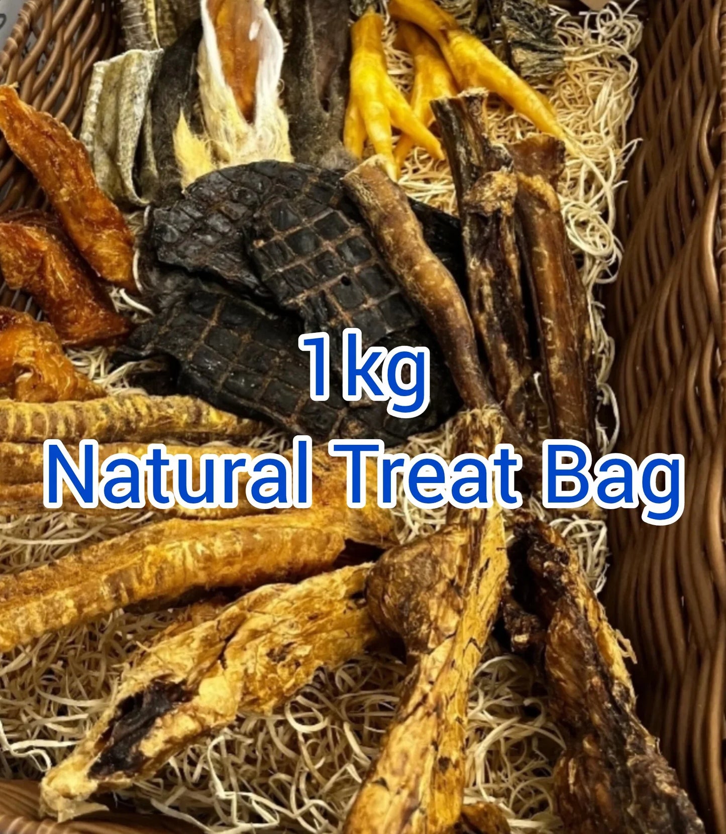 1kg Natural dog treat bag with assorted dried chews displayed in a wicker basket