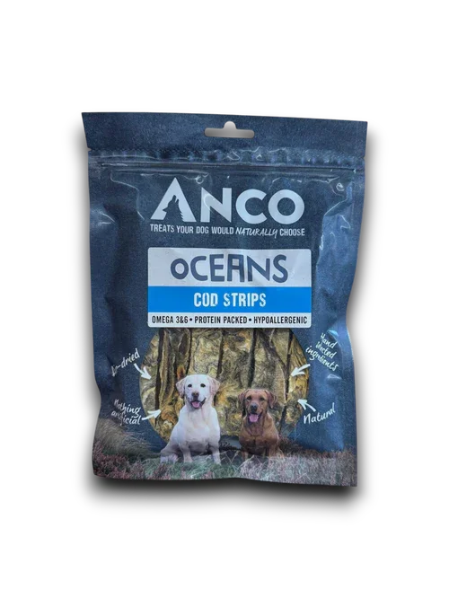 ANCO Oceans Cod Strips dog treats pack with omega 3&6, hypoallergenic, hand-dried natural ingredients