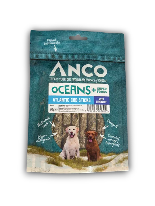 ANCO Oceans+ superfoods Atlantic cod sticks dog treats with blueberry, hypo-allergenic, omega 3
