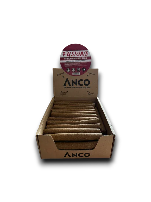 Box of Anco Fusions ostrich infused beef rolls dog treats, air-dried, grain-free, natural