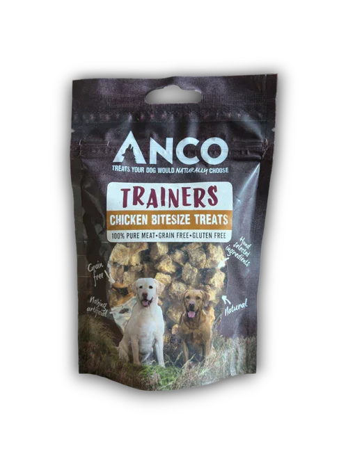 Anco Trainers chicken bitesize dog treats package, grain-free, gluten-free, natural ingredients with dog images