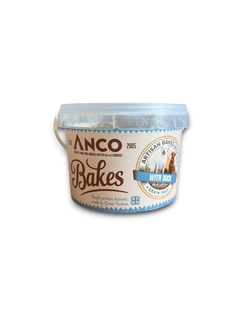 Anco Bakes artisan baked dog biscuits with duck flavor in a plastic container, grain free, made in Great Britain