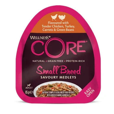 Wellness CORE Small Breed Savoury Medleys dog food with chicken, turkey, carrots, and green beans in 85g easy-open container
