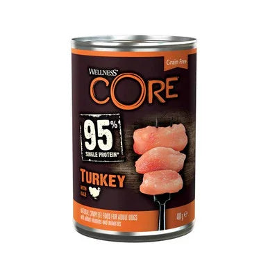 Wellness CORE grain-free turkey dog food can featuring 95% single protein for adult dogs