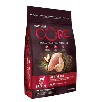Wellness CORE Active Life grain-free dog food bag for all breeds with natural protein and hypoallergenic formula
