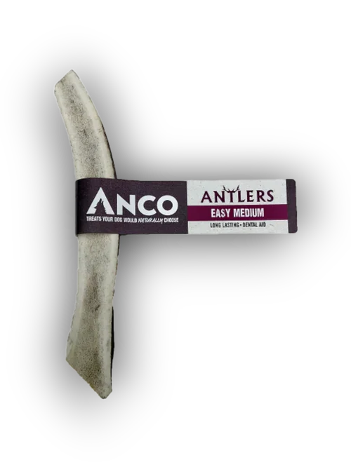 Medium-sized ANCO antler dog chew labeled as easy and long-lasting dental aid
