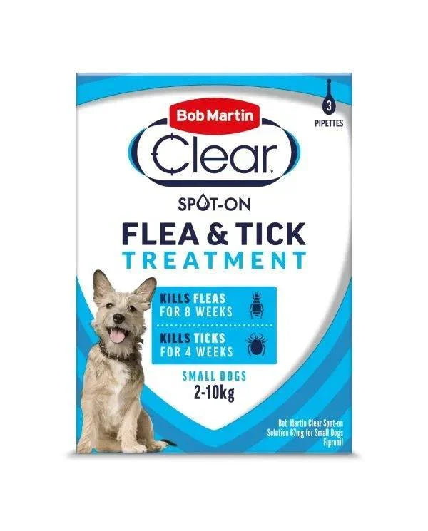 Bob Martin Clear Spot On Flea & Tick Treatment Small Dog (2-10kg) 3 pipettes - North East Pet Shop Bob Martin