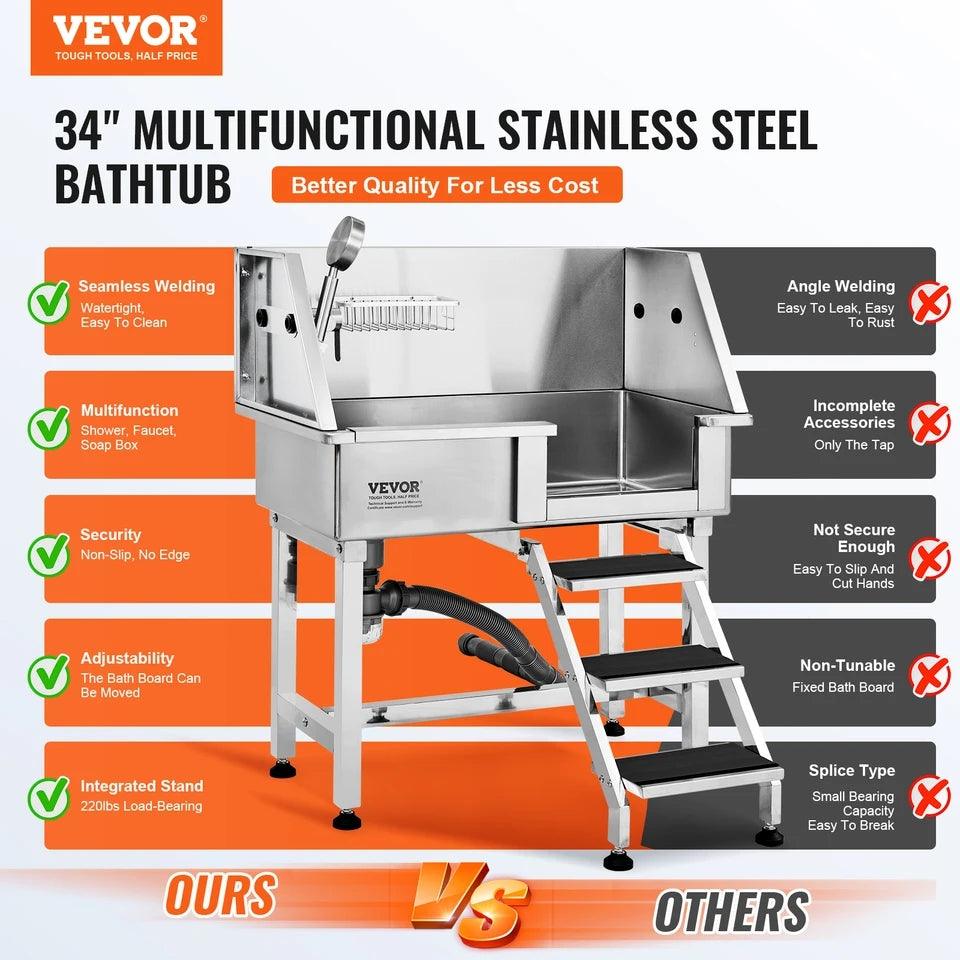 VEVOR 34" Pet Dog Bathing Tub
Stainless Steel Dog Grooming Station with Ramp and Faucet - Ideal for Home Pet Washing - North East Pet Shop VEVOR