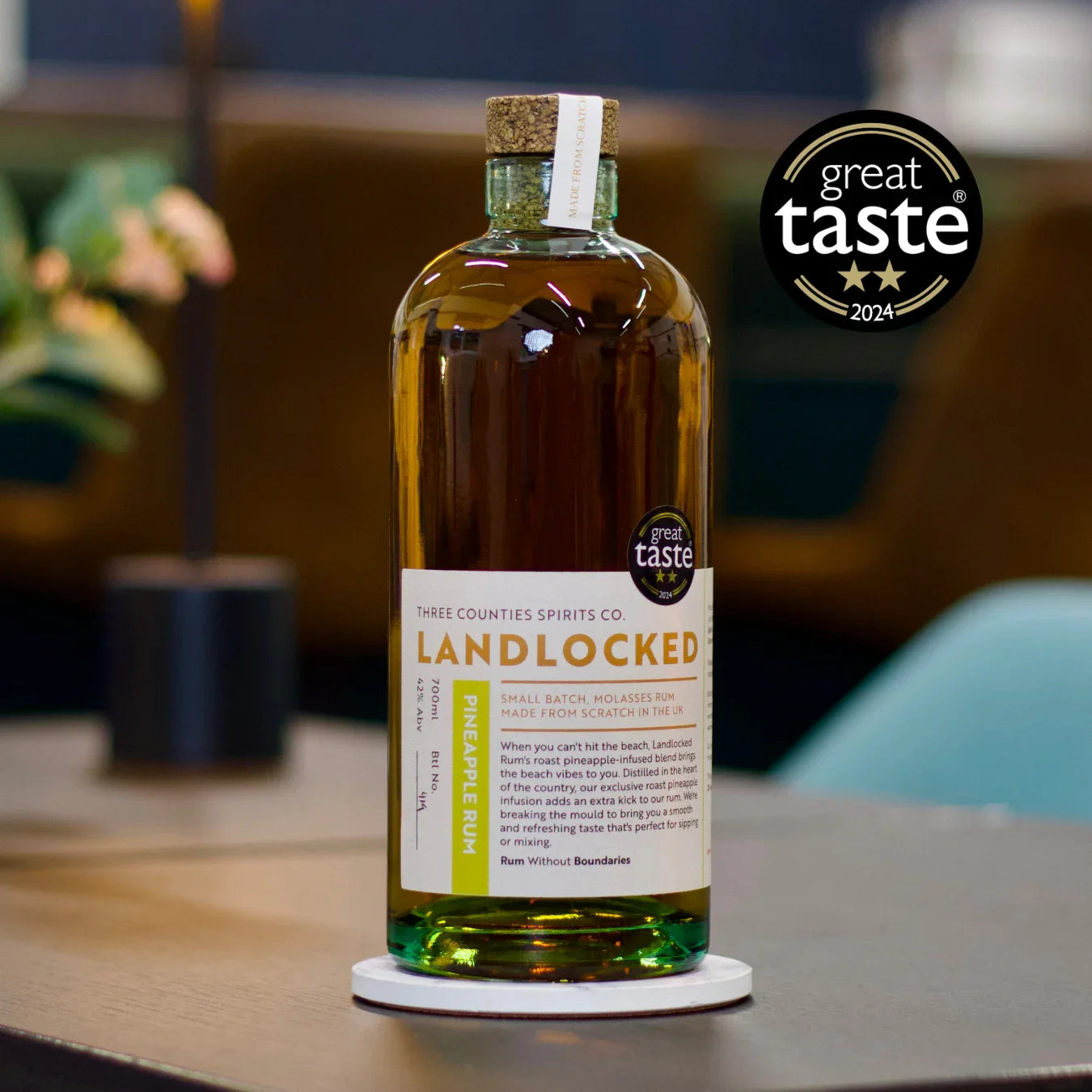 Landlocked Pineapple Rum bottle by Three Counties Spirits Co. with Great Taste 2024 award badge
