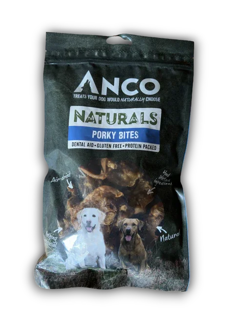 ANCO Naturals Porky Bites dog treats bag with images of two dogs, air-dried pork bites, gluten-free and protein-packed