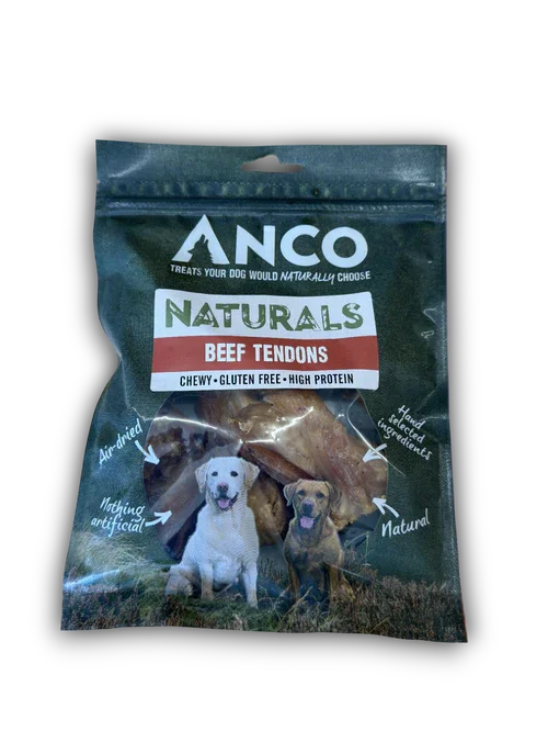 ANCO Naturals beef tendons dog treats package featuring two dogs, gluten free, chewy, high protein