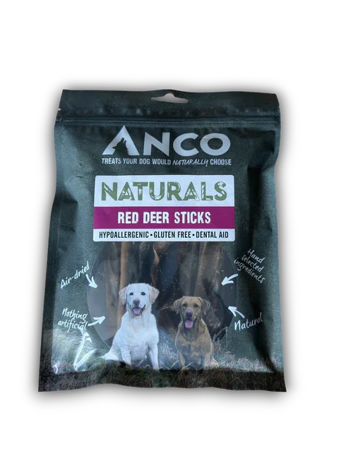 ANCO Naturals Red Deer Sticks hypoallergenic dog treats with images of Labrador dogs on black packaging