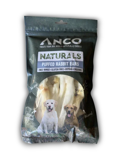 Anco Naturals Puffed Rabbit Ears dog treats package showing natural, gluten-free, hypoallergenic snacks with dog images