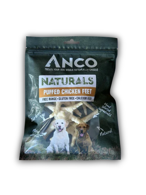 ANCO Naturals Puffed Chicken Feet dog treats pack with two dogs and natural, gluten-free, air-dried labels