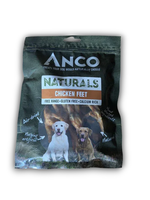 ANCO Naturals Chicken Feet dog treats, air-dried, gluten free, calcium rich, with images of two dogs