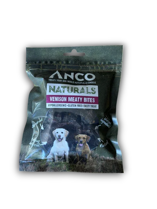 Anco Naturals Venison Meaty Bites dog treats package featuring two dogs, hypoallergenic and gluten-free