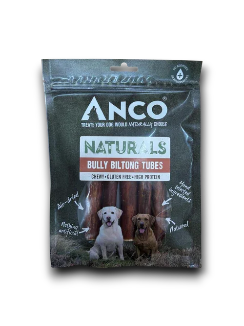 Anco Naturals Bully Biltong Tubes dog treats package featuring two dogs and labeled chewy, gluten-free, high protein