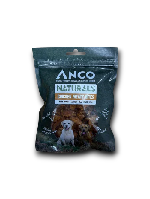Anco Naturals Chicken Meaty Bites dog treats package, air-dried, gluten-free with images of two dogs