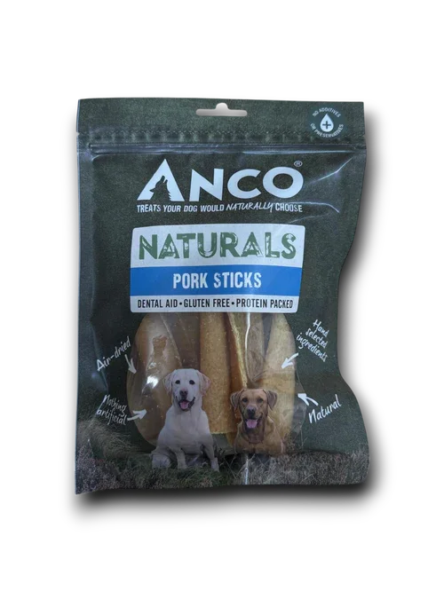 ANCO Naturals Pork Sticks dog treats package featuring air-dried, gluten-free, protein-packed sticks with dog images