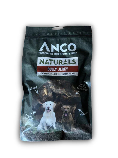 Anco Naturals Bully Jerky low fat gluten free dog treats bag with images of two dogs and dried bully jerky