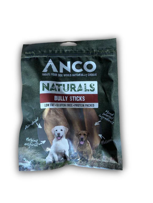 ANCO Naturals Bully Sticks dog treats package with images of two dogs, labeled gluten free and air-dried