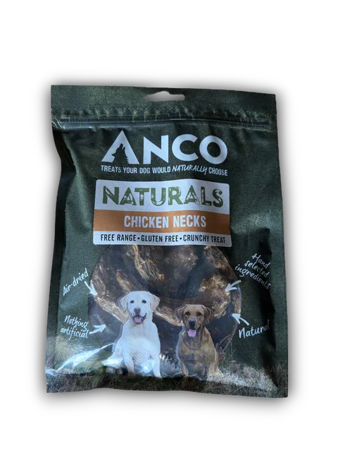 ANCO Naturals chicken necks dog treats package with dogs, air-dried, gluten-free, natural ingredients