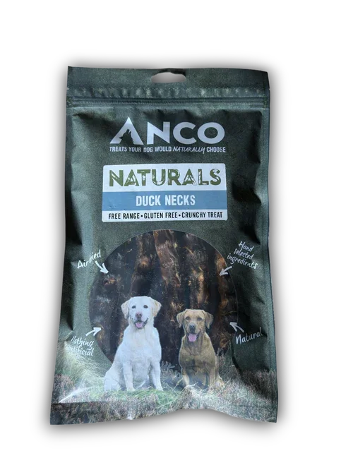 Anco Naturals Duck Necks dog treat bag, free range, gluten free, featuring two dogs on front